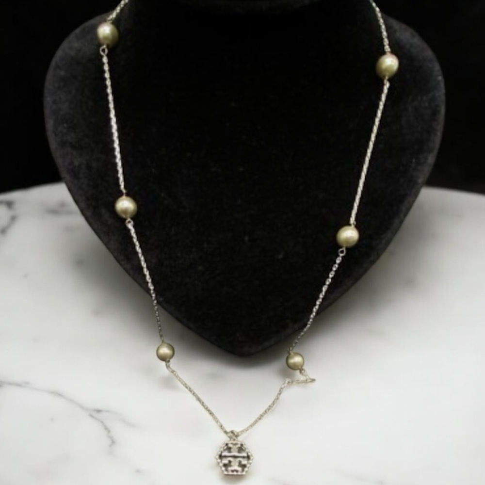 New Auth Tory Burch Silver Hexagon Logo 24” Long Necklace Chain w/ Silver Pearls